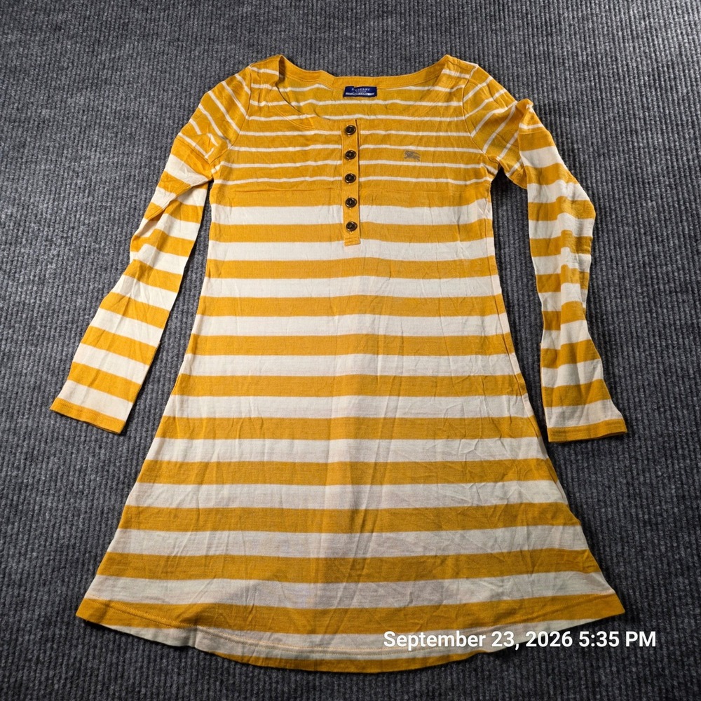 Burberry London Blue Label Yellow Striped Henley Tunic Top E1P34-275-60 Size 38